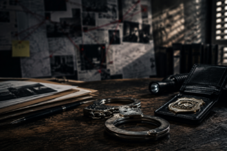 Noir detective office investigation scene