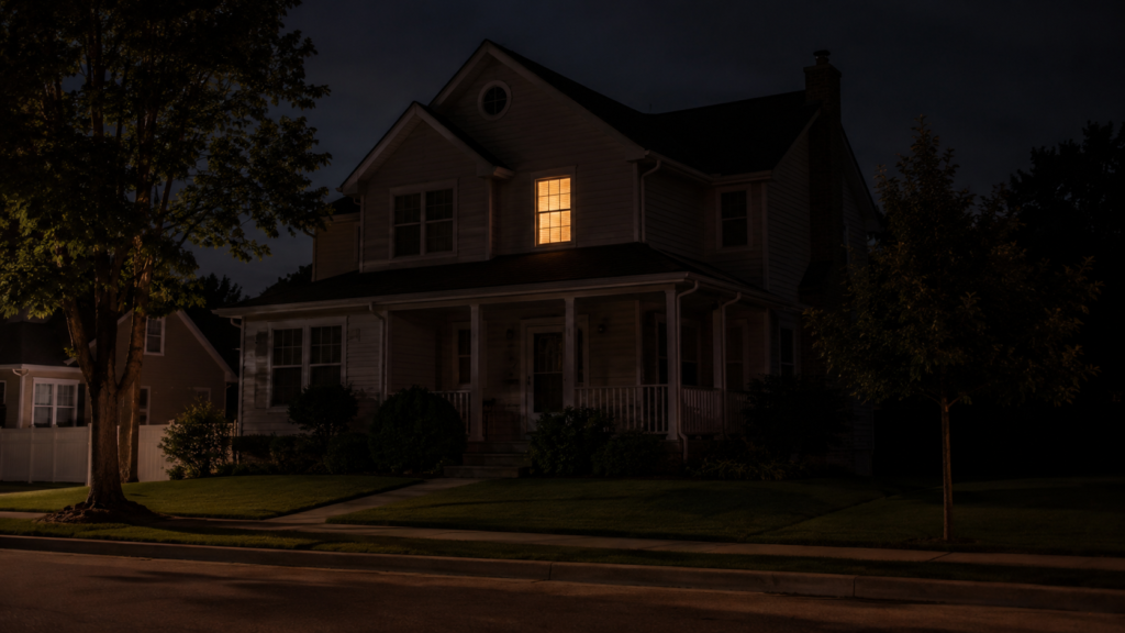 image of a quiet suburban home at night, viewed from across the street. One upstairs bedroom window has a soft warm glow, while the rest of the house is dim and still.