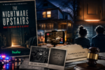 Documentary-style collage for The Nightmare Upstairs: What Happened to Ty and Bryn?, showing a dark suburban house, an upstairs bedroom door, family court documents, a gavel, and livestream-style imagery connected to the Ty and Brynlee Larson case.
