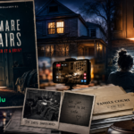 Documentary-style collage for The Nightmare Upstairs: What Happened to Ty and Bryn?, showing a dark suburban house, an upstairs bedroom door, family court documents, a gavel, and livestream-style imagery connected to the Ty and Brynlee Larson case.